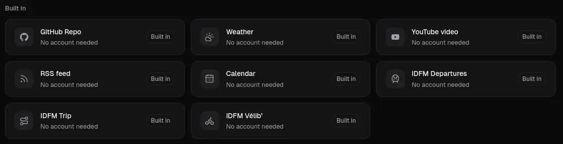 The Built in section of the Providers page listing GitHub Repo, Weather, YouTube video, RSS feed, Calendar, IDFM Departures, IDFM Trip and IDFM Velib, each marked No account needed