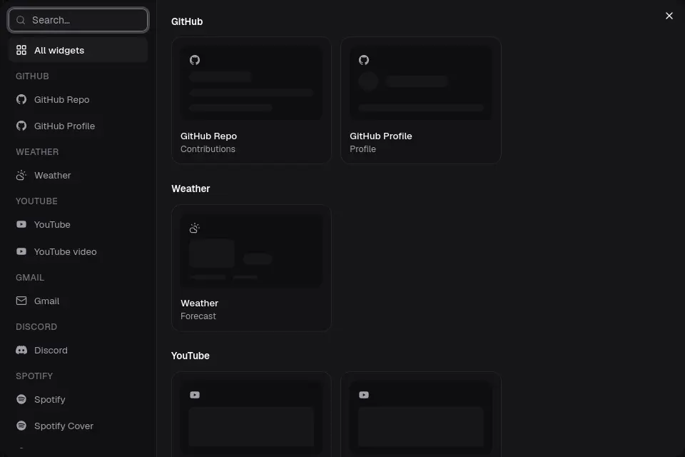 The Add a widget gallery with a search box, a list of providers on the left and widget previews for GitHub Repo, GitHub Profile and Weather